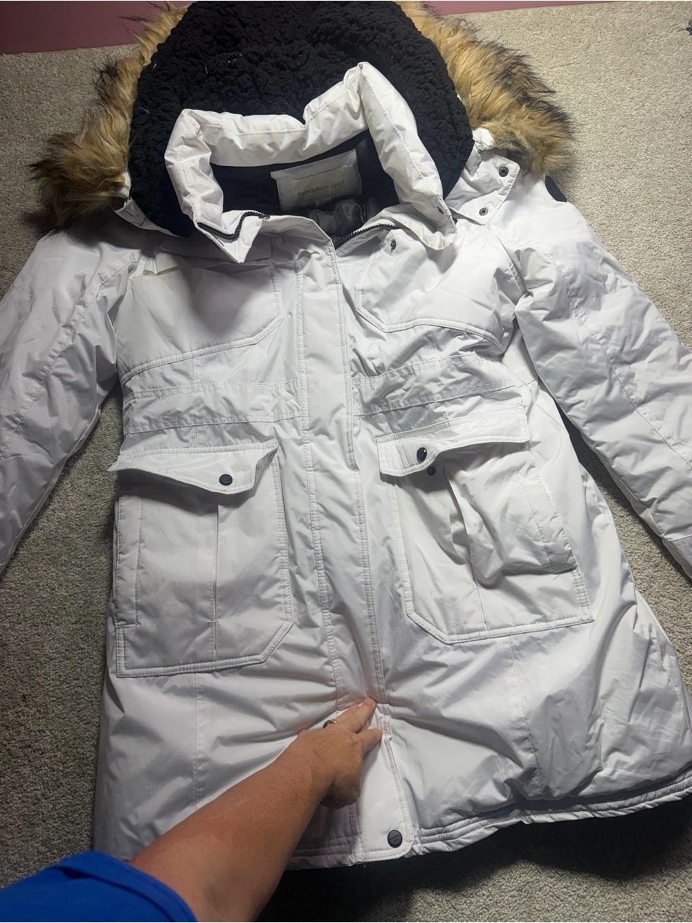 Madden Girl Womens Winter Jacket Zipper Faux Fur  On Hood Sz Xl
